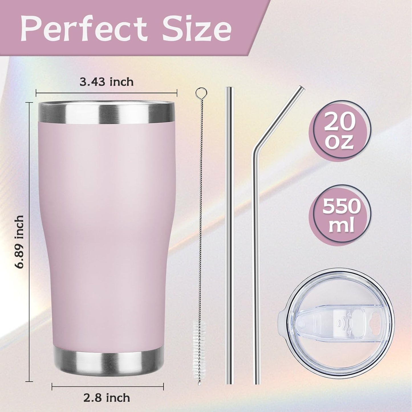 20oz Insulated Tumbler with Lid Straw Travel Coffee Mug Cup (Light/Purple) | Double Wall Vacuum Hot Iced Insulated Cup Stainless Steel Mug Leakproof Powder Coated Metal Tumbler for Men Women