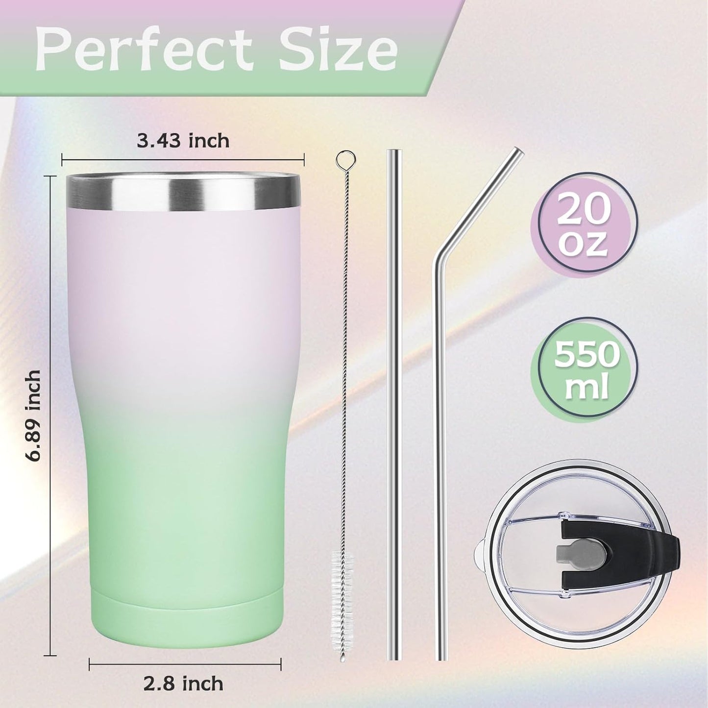 20oz Insulated Tumbler with Lid Straw Travel Coffee Mug Cup (Light/Purple) | Double Wall Vacuum Hot Iced Insulated Cup Stainless Steel Mug Leakproof Powder Coated Metal Tumbler for Men Women
