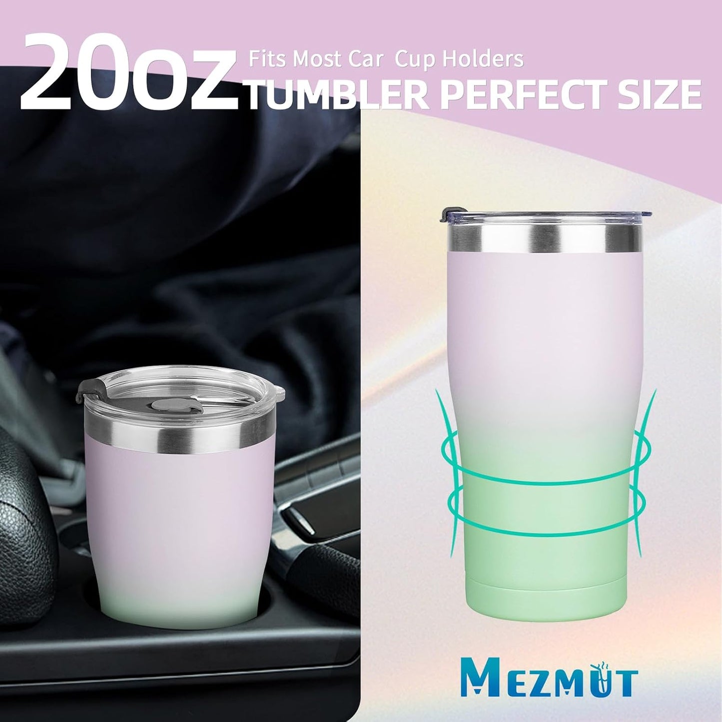 20oz Insulated Tumbler with Lid Straw Travel Coffee Mug Cup (Light/Purple) | Double Wall Vacuum Hot Iced Insulated Cup Stainless Steel Mug Leakproof Powder Coated Metal Tumbler for Men Women