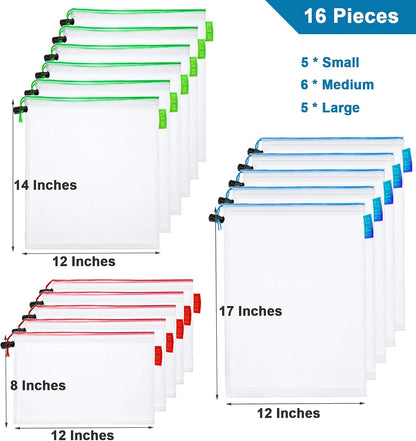 16 Pcs Mesh Small Toy Bags for Storage, 3 Sizes Reusable Mesh Drawstring Produce Bags Puzzle Bag for Kids Storage Playroom Organization, Fruits, Vegetable