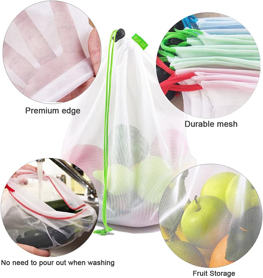 16 Pcs Mesh Small Toy Bags for Storage, 3 Sizes Reusable Mesh Drawstring Produce Bags Puzzle Bag for Kids Storage Playroom Organization, Fruits, Vegetable