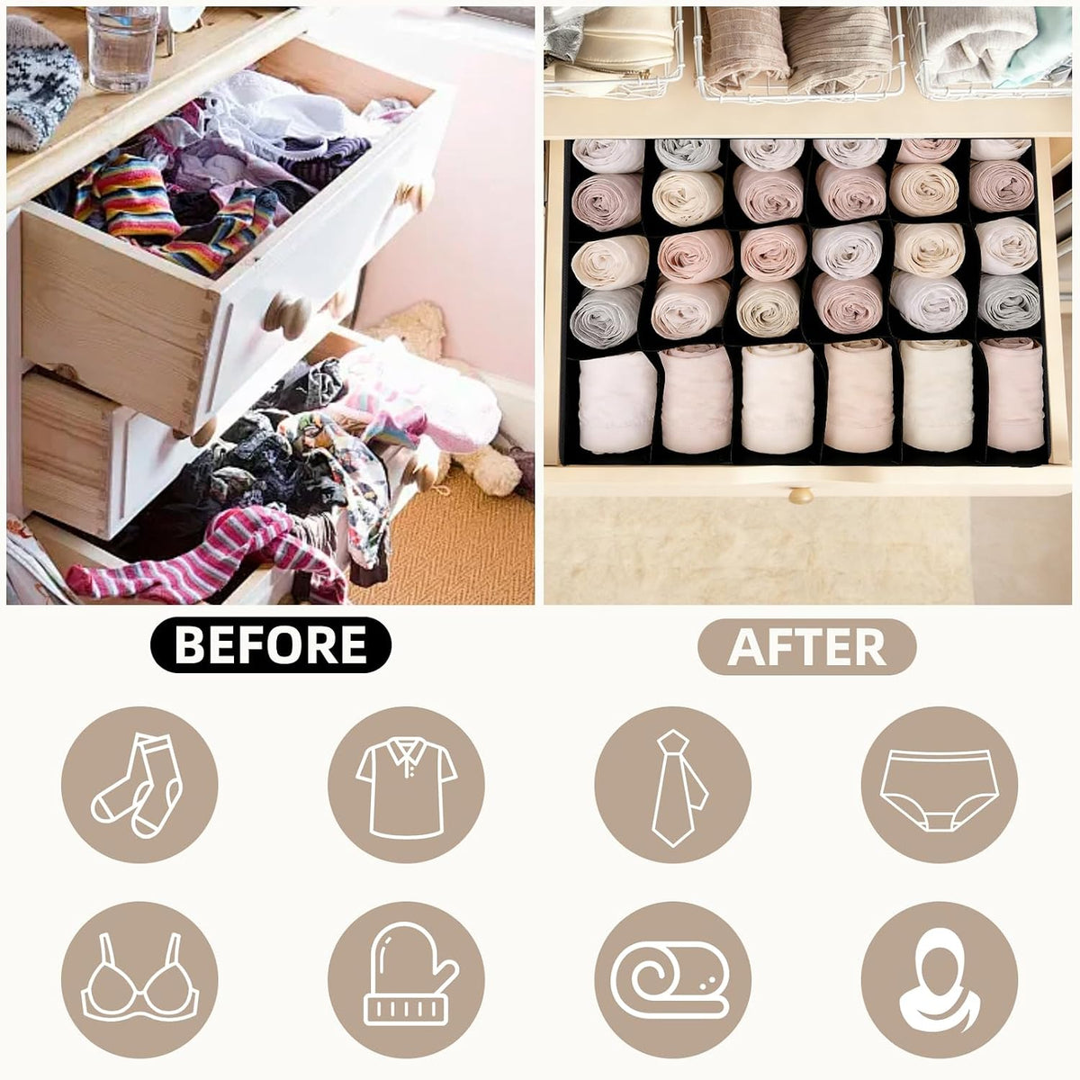 Drawer Organizer Clothes for 4 Pack, Dresser Organizer for Baby Clothes, Underwear, Sock- Foldable Closet Organization and Storage Dividers Bins for Nursery, Bedroom (White)