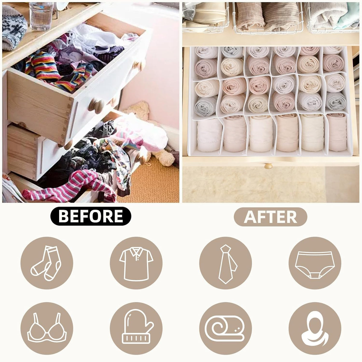 Drawer Organizer Clothes for 4 Pack, Dresser Organizer for Baby Clothes, Underwear, Sock- Foldable Closet Organization and Storage Dividers Bins for Nursery, Bedroom (White)