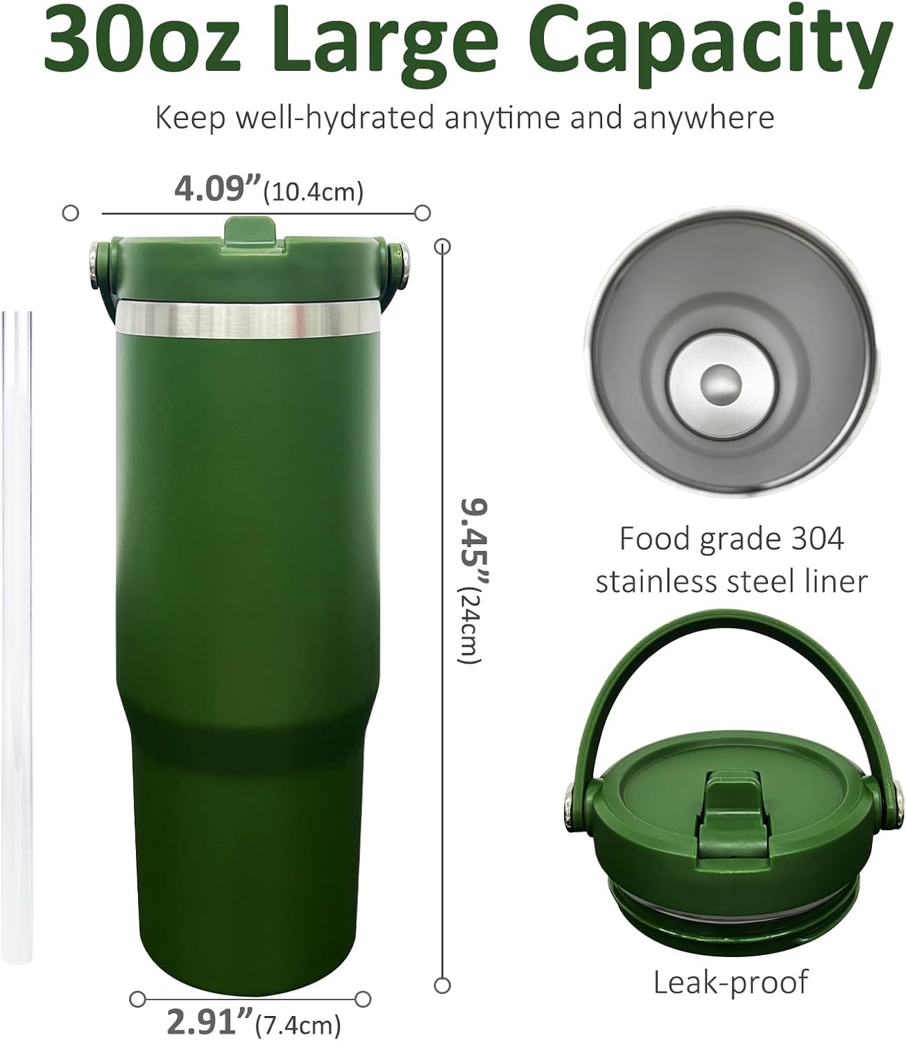30 oz Tumbler with Top Handle, Water Bottle with Flip Straw, Black 1 pack | DIY Gift, Laser Engravable, Leak Proof, Food Grade Stainless Steel, BPA Free Lid, Double Vacuum Insulated, Powder Coated