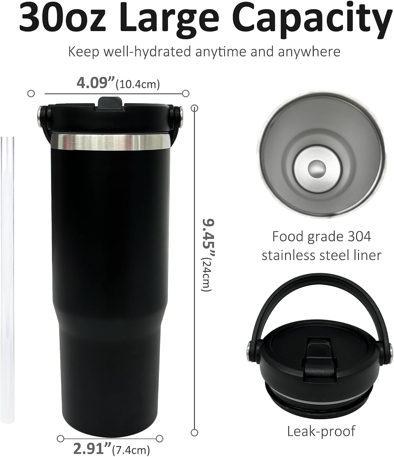 30 oz Tumbler with Top Handle, Water Bottle with Flip Straw, Black 1 pack | DIY Gift, Laser Engravable, Leak Proof, Food Grade Stainless Steel, BPA Free Lid, Double Vacuum Insulated, Powder Coated