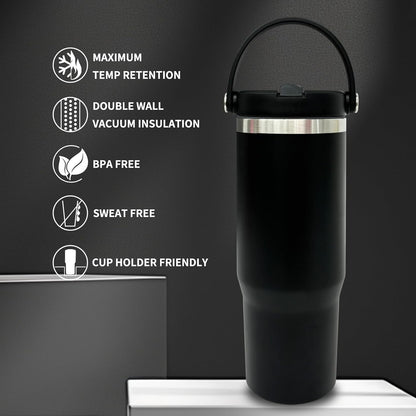 30 oz Tumbler with Top Handle, Water Bottle with Flip Straw, Black 1 pack | DIY Gift, Laser Engravable, Leak Proof, Food Grade Stainless Steel, BPA Free Lid, Double Vacuum Insulated, Powder Coated