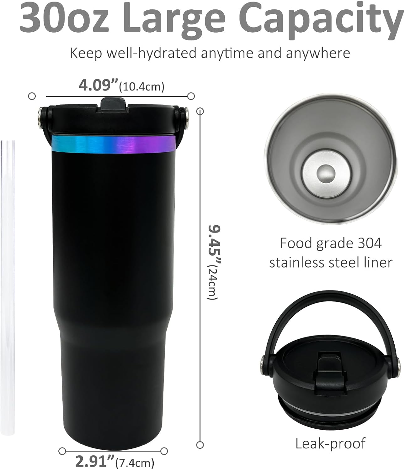 30 oz Tumbler with Top Handle, Water Bottle with Flip Straw, Black 1 pack | DIY Gift, Laser Engravable, Leak Proof, Food Grade Stainless Steel, BPA Free Lid, Double Vacuum Insulated, Powder Coated