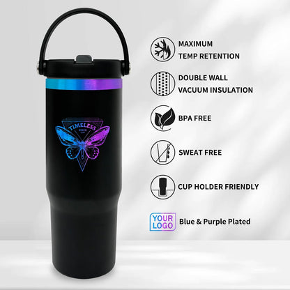 30 oz Tumbler with Top Handle, Water Bottle with Flip Straw, Black 1 pack | DIY Gift, Laser Engravable, Leak Proof, Food Grade Stainless Steel, BPA Free Lid, Double Vacuum Insulated, Powder Coated
