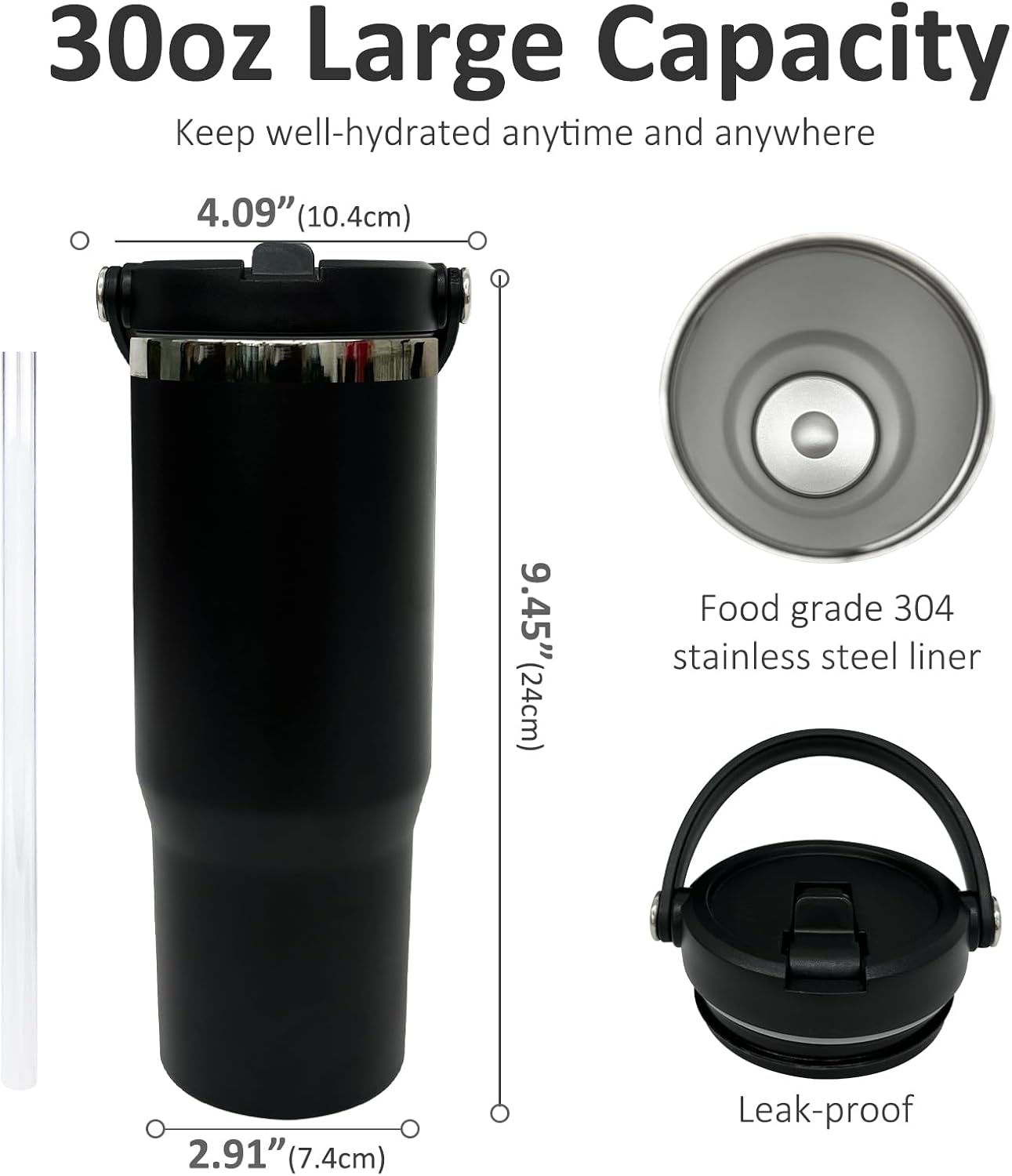 30 oz Tumbler with Top Handle, Water Bottle with Flip Straw, Black 1 pack | DIY Gift, Laser Engravable, Leak Proof, Food Grade Stainless Steel, BPA Free Lid, Double Vacuum Insulated, Powder Coated