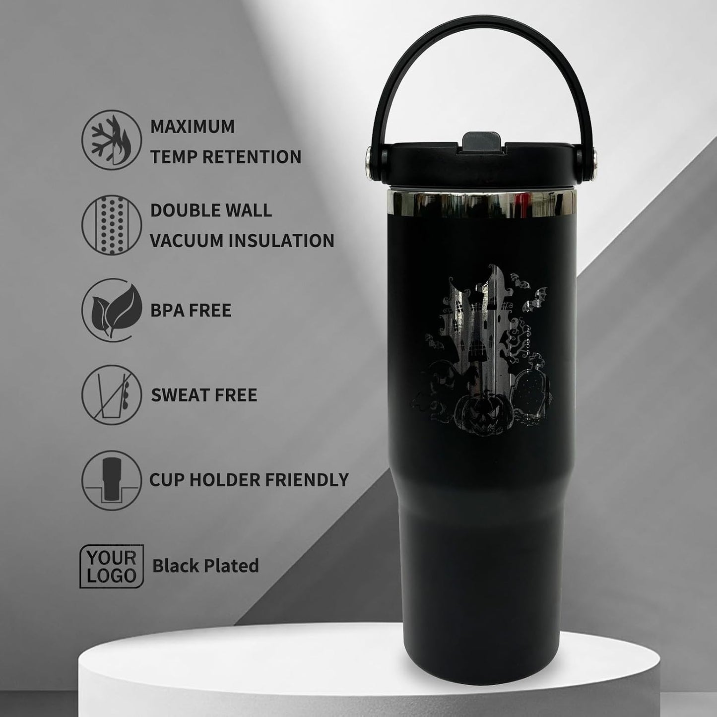 30 oz Tumbler with Top Handle, Water Bottle with Flip Straw, Black 1 pack | DIY Gift, Laser Engravable, Leak Proof, Food Grade Stainless Steel, BPA Free Lid, Double Vacuum Insulated, Powder Coated