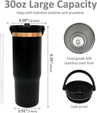 30 oz Tumbler with Top Handle, Water Bottle with Flip Straw, Black 1 pack | DIY Gift, Laser Engravable, Leak Proof, Food Grade Stainless Steel, BPA Free Lid, Double Vacuum Insulated, Powder Coated