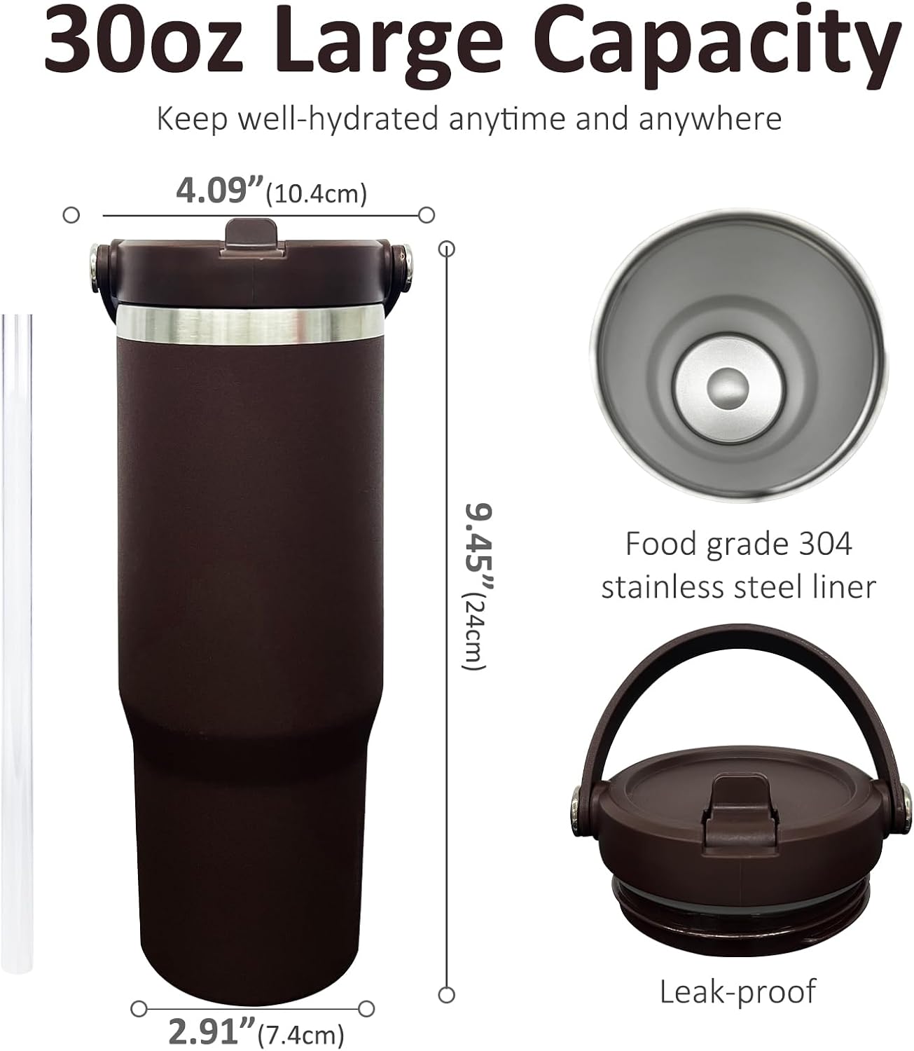 30 oz Tumbler with Top Handle, Water Bottle with Flip Straw, Black 1 pack | DIY Gift, Laser Engravable, Leak Proof, Food Grade Stainless Steel, BPA Free Lid, Double Vacuum Insulated, Powder Coated