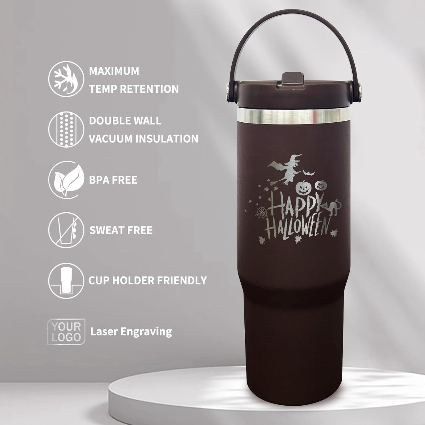 30 oz Tumbler with Top Handle, Water Bottle with Flip Straw, Black 1 pack | DIY Gift, Laser Engravable, Leak Proof, Food Grade Stainless Steel, BPA Free Lid, Double Vacuum Insulated, Powder Coated