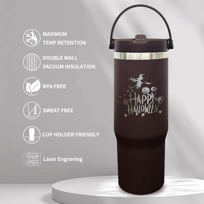 30 oz Tumbler with Top Handle, Water Bottle with Flip Straw, Black 1 pack | DIY Gift, Laser Engravable, Leak Proof, Food Grade Stainless Steel, BPA Free Lid, Double Vacuum Insulated, Powder Coated