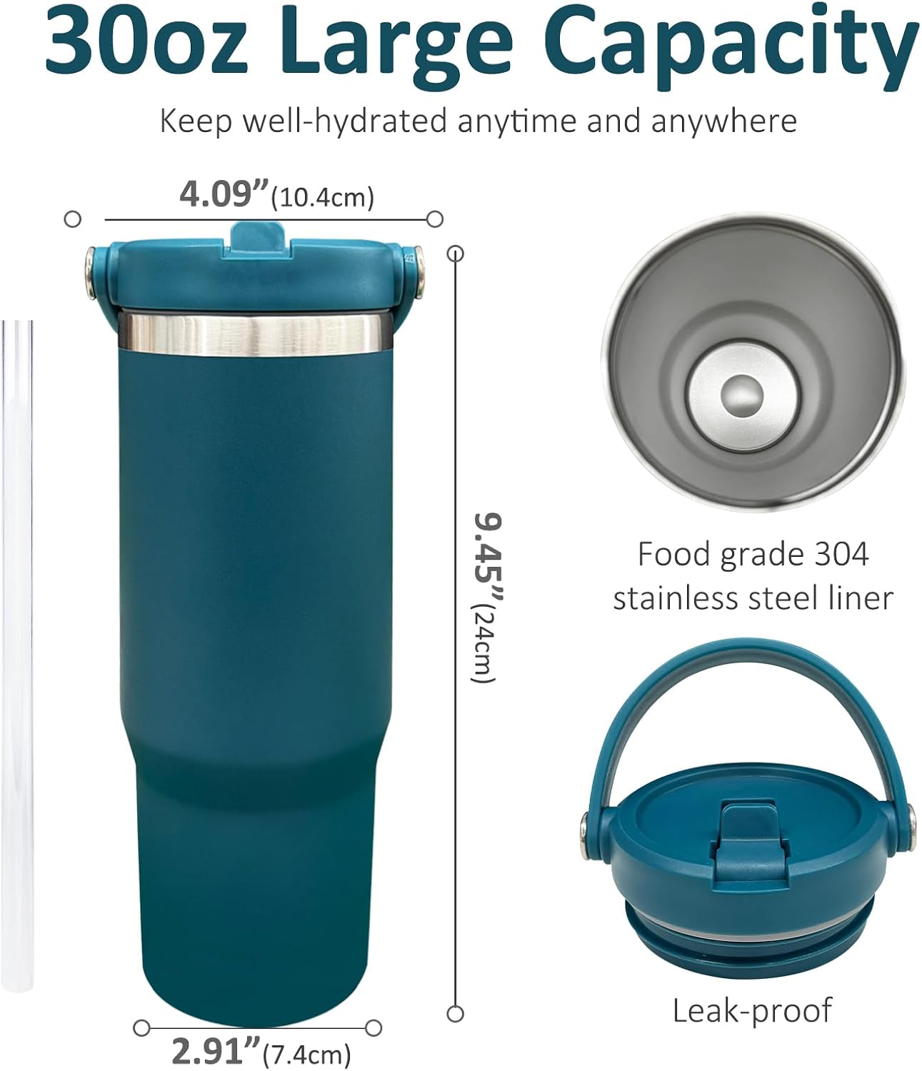 30 oz Tumbler with Top Handle, Water Bottle with Flip Straw, Black 1 pack | DIY Gift, Laser Engravable, Leak Proof, Food Grade Stainless Steel, BPA Free Lid, Double Vacuum Insulated, Powder Coated