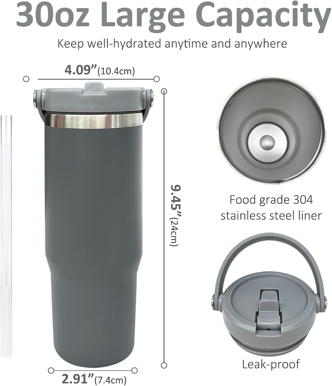 30 oz Tumbler with Top Handle, Water Bottle with Flip Straw, Black 1 pack | DIY Gift, Laser Engravable, Leak Proof, Food Grade Stainless Steel, BPA Free Lid, Double Vacuum Insulated, Powder Coated