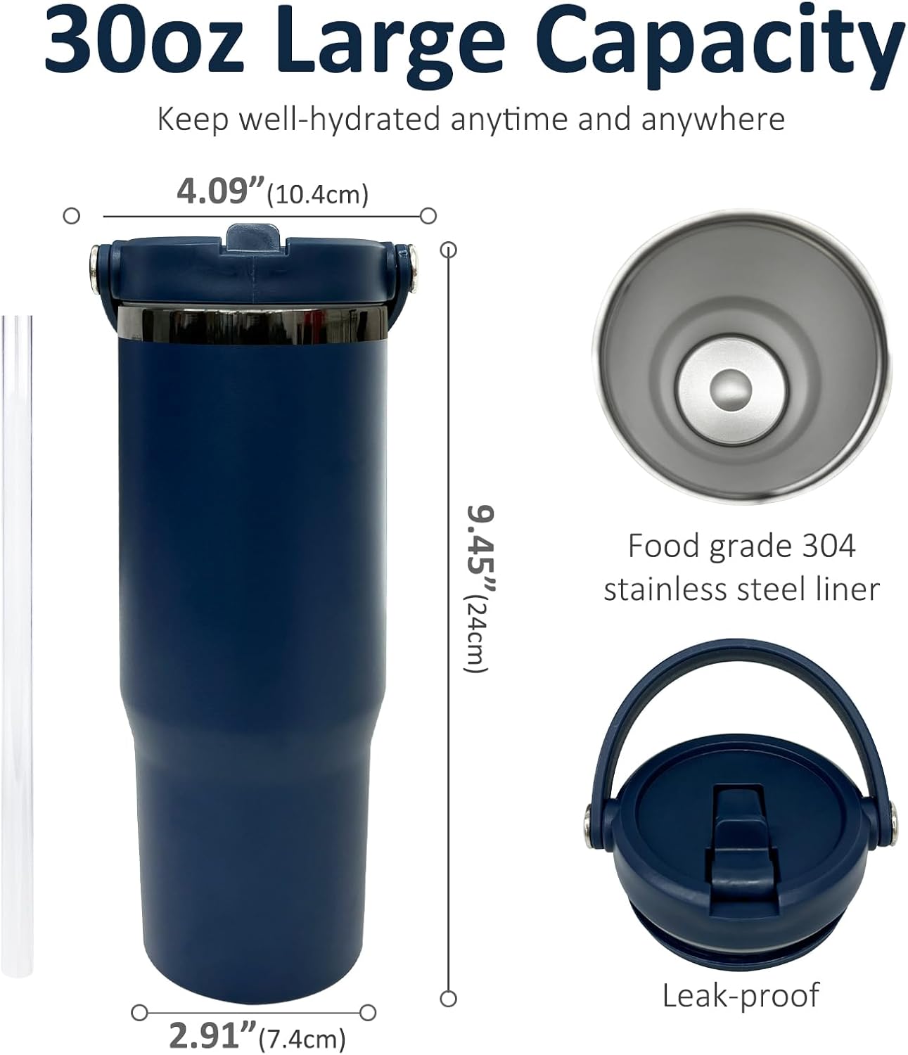 30 oz Tumbler with Top Handle, Water Bottle with Flip Straw, Black 1 pack | DIY Gift, Laser Engravable, Leak Proof, Food Grade Stainless Steel, BPA Free Lid, Double Vacuum Insulated, Powder Coated