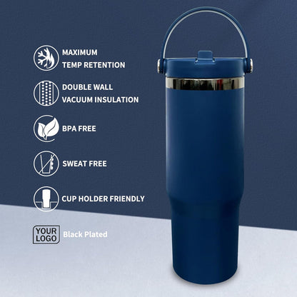 30 oz Tumbler with Top Handle, Water Bottle with Flip Straw, Black 1 pack | DIY Gift, Laser Engravable, Leak Proof, Food Grade Stainless Steel, BPA Free Lid, Double Vacuum Insulated, Powder Coated