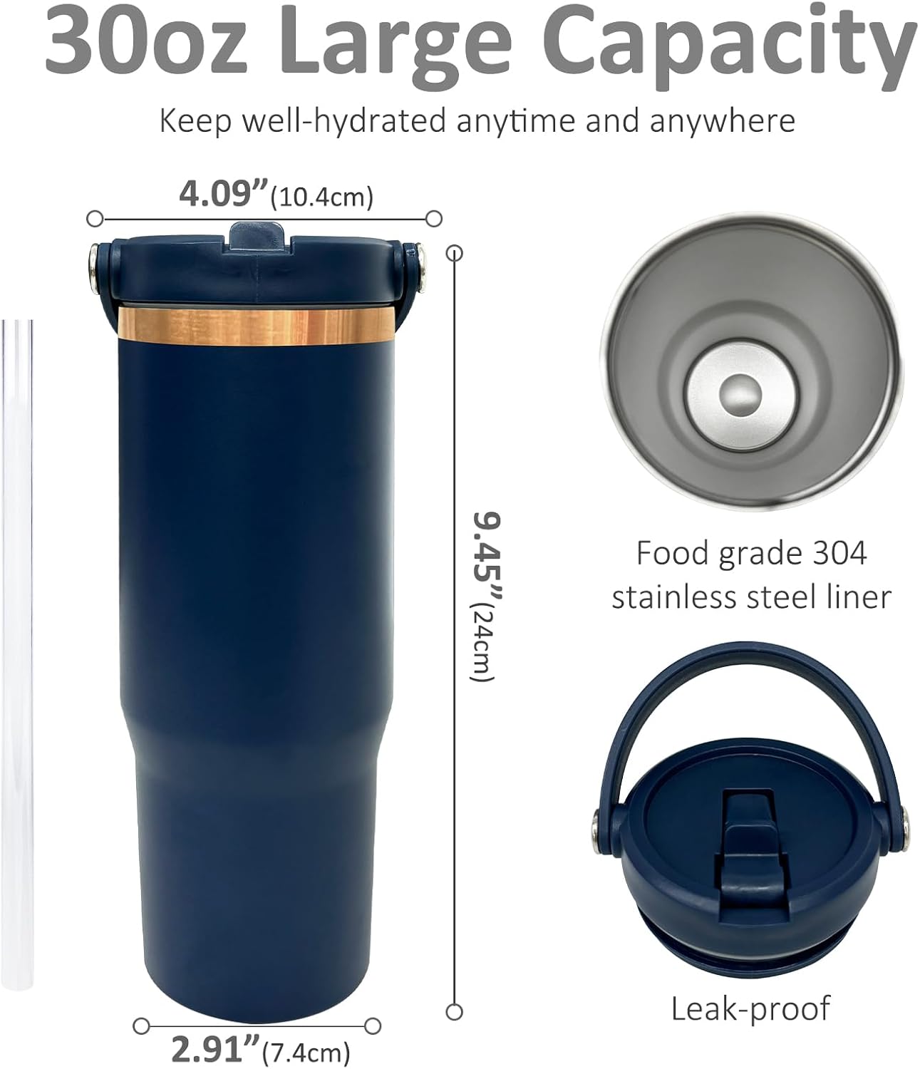 30 oz Tumbler with Top Handle, Water Bottle with Flip Straw, Black 1 pack | DIY Gift, Laser Engravable, Leak Proof, Food Grade Stainless Steel, BPA Free Lid, Double Vacuum Insulated, Powder Coated