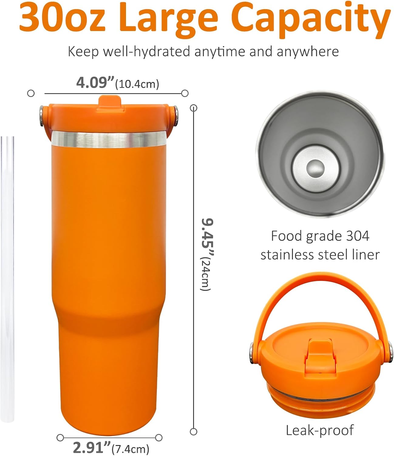 30 oz Tumbler with Top Handle, Water Bottle with Flip Straw, Black 1 pack | DIY Gift, Laser Engravable, Leak Proof, Food Grade Stainless Steel, BPA Free Lid, Double Vacuum Insulated, Powder Coated