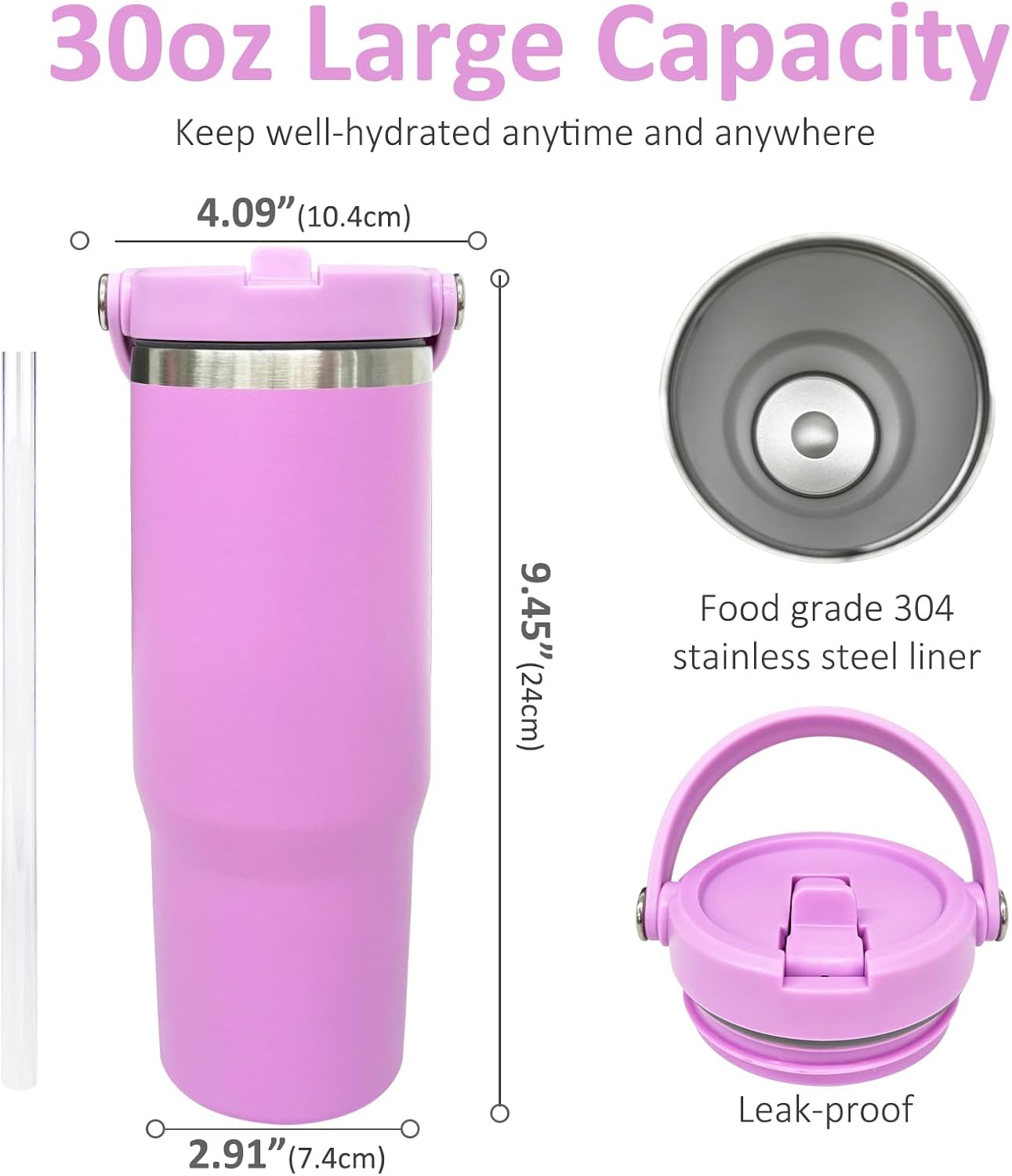 30 oz Tumbler with Top Handle, Water Bottle with Flip Straw, Black 1 pack | DIY Gift, Laser Engravable, Leak Proof, Food Grade Stainless Steel, BPA Free Lid, Double Vacuum Insulated, Powder Coated