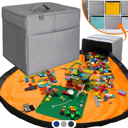 XL Toy Storage Organizer with Play Mat - Storage Bag/Box for Kids, Boys, Girls, Nursery, Playroom - Basket for Building Bricks/Blocks - Collapsible Fabric Cube Bin, 13"x13"x15"