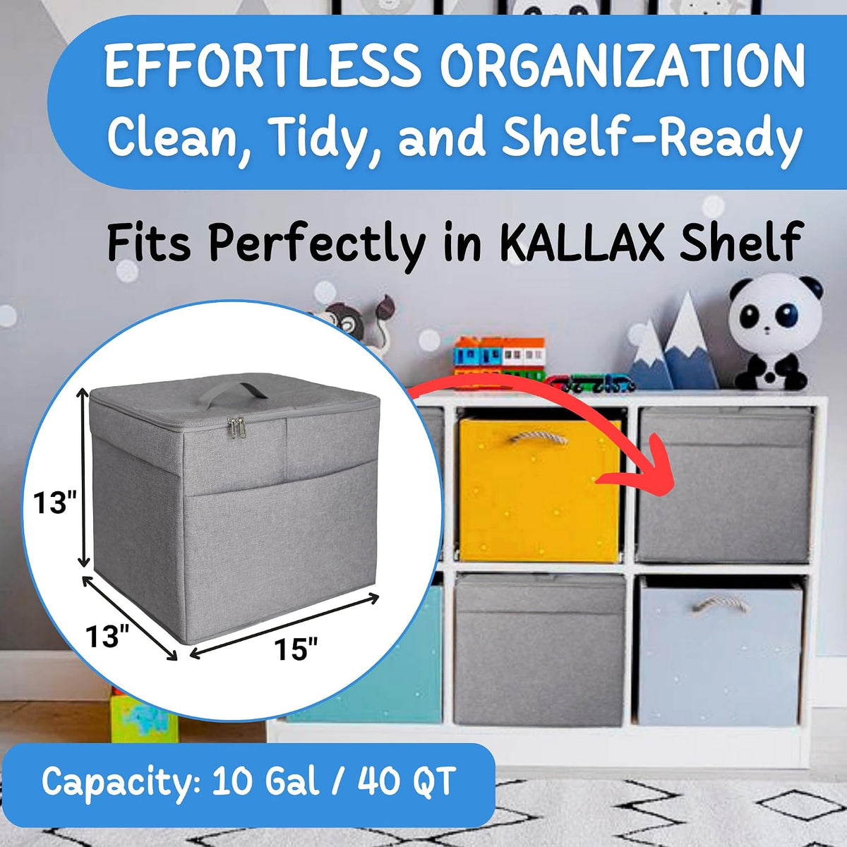 XL Toy Storage Organizer with Play Mat - Storage Bag/Box for Kids, Boys, Girls, Nursery, Playroom - Basket for Building Bricks/Blocks - Collapsible Fabric Cube Bin, 13"x13"x15"