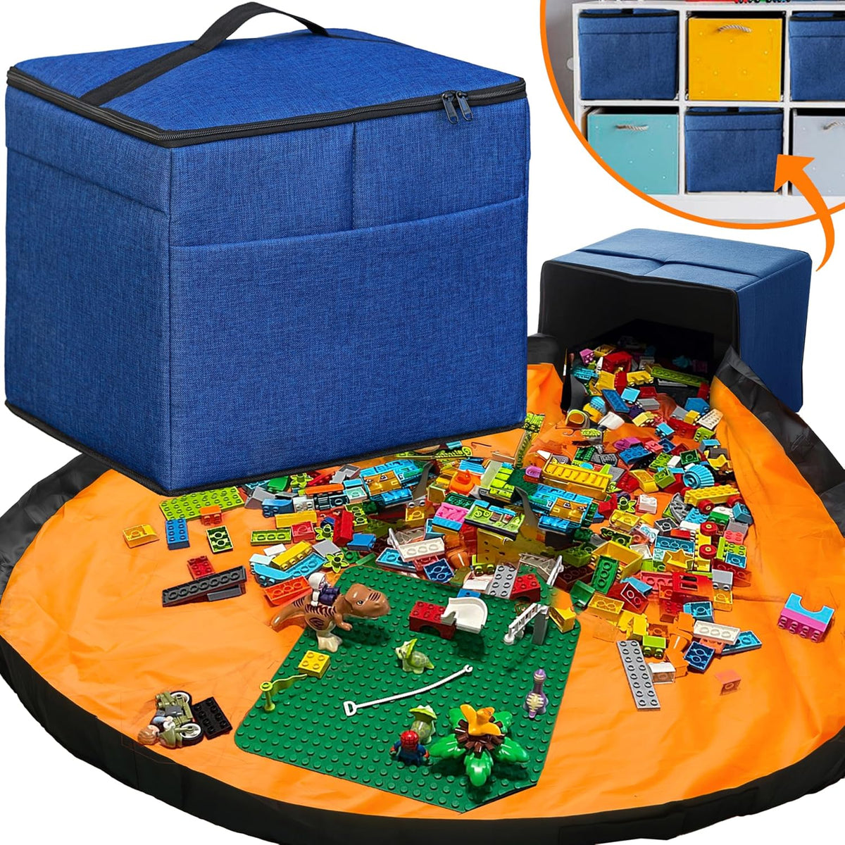 XL Toy Storage Organizer with Play Mat - Storage Bag/Box for Kids, Boys, Girls, Nursery, Playroom - Basket for Building Bricks/Blocks - Collapsible Fabric Cube Bin, 13"x13"x15"