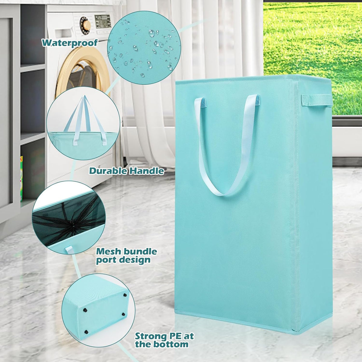 Slim Laundry Hamper Handles Collapsible Laundry Basket Thin Dirty Clothes Basket Narrow Laundry Bag Foldable Dirty Hamper 45L (Beige)