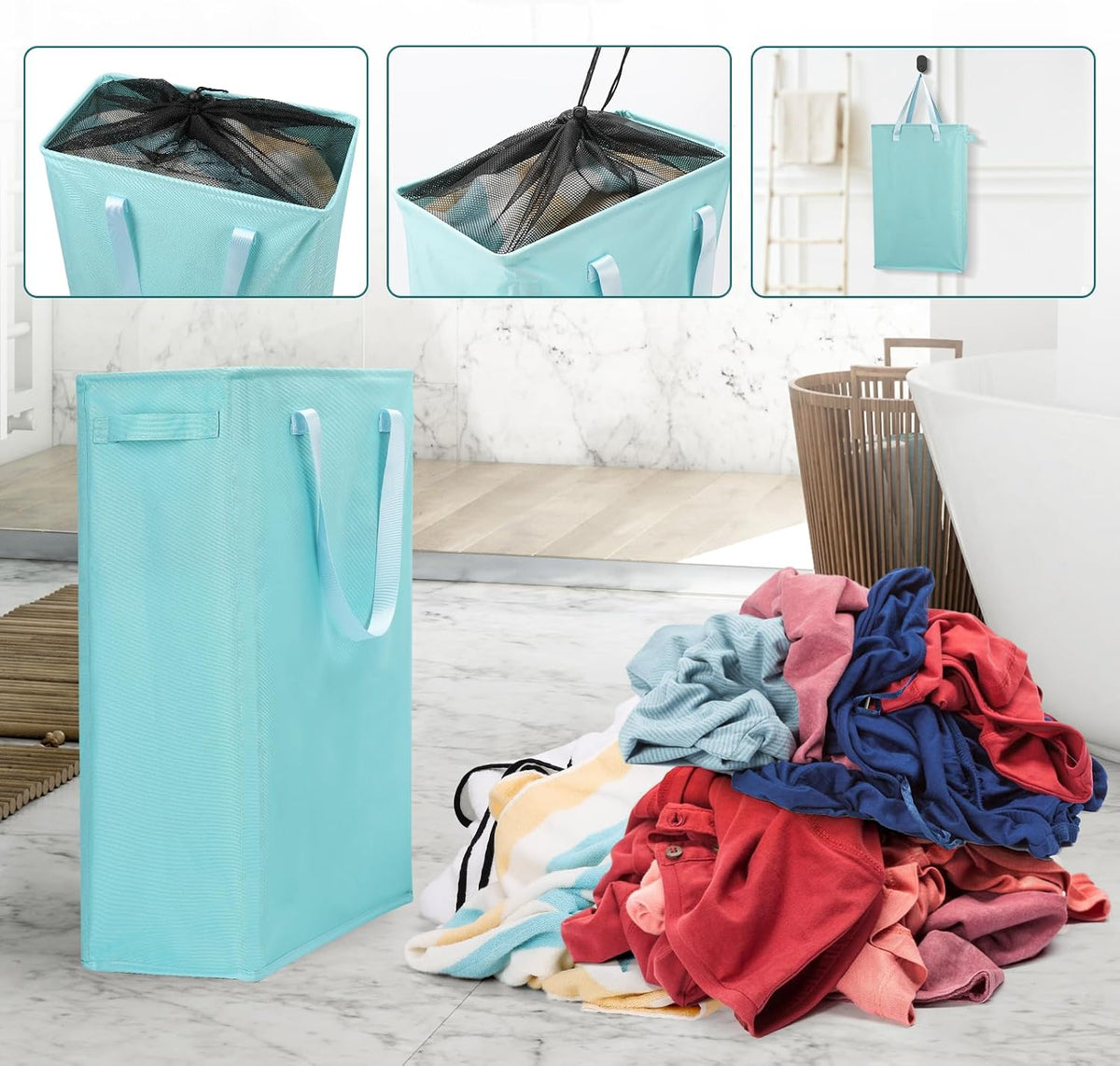 Slim Laundry Hamper Handles Collapsible Laundry Basket Thin Dirty Clothes Basket Narrow Laundry Bag Foldable Dirty Hamper 45L (Beige)