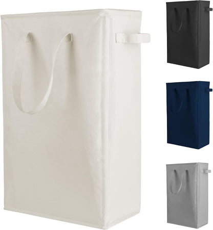 Slim Laundry Hamper Handles Collapsible Laundry Basket Thin Dirty Clothes Basket Narrow Laundry Bag Foldable Dirty Hamper 45L (Beige)