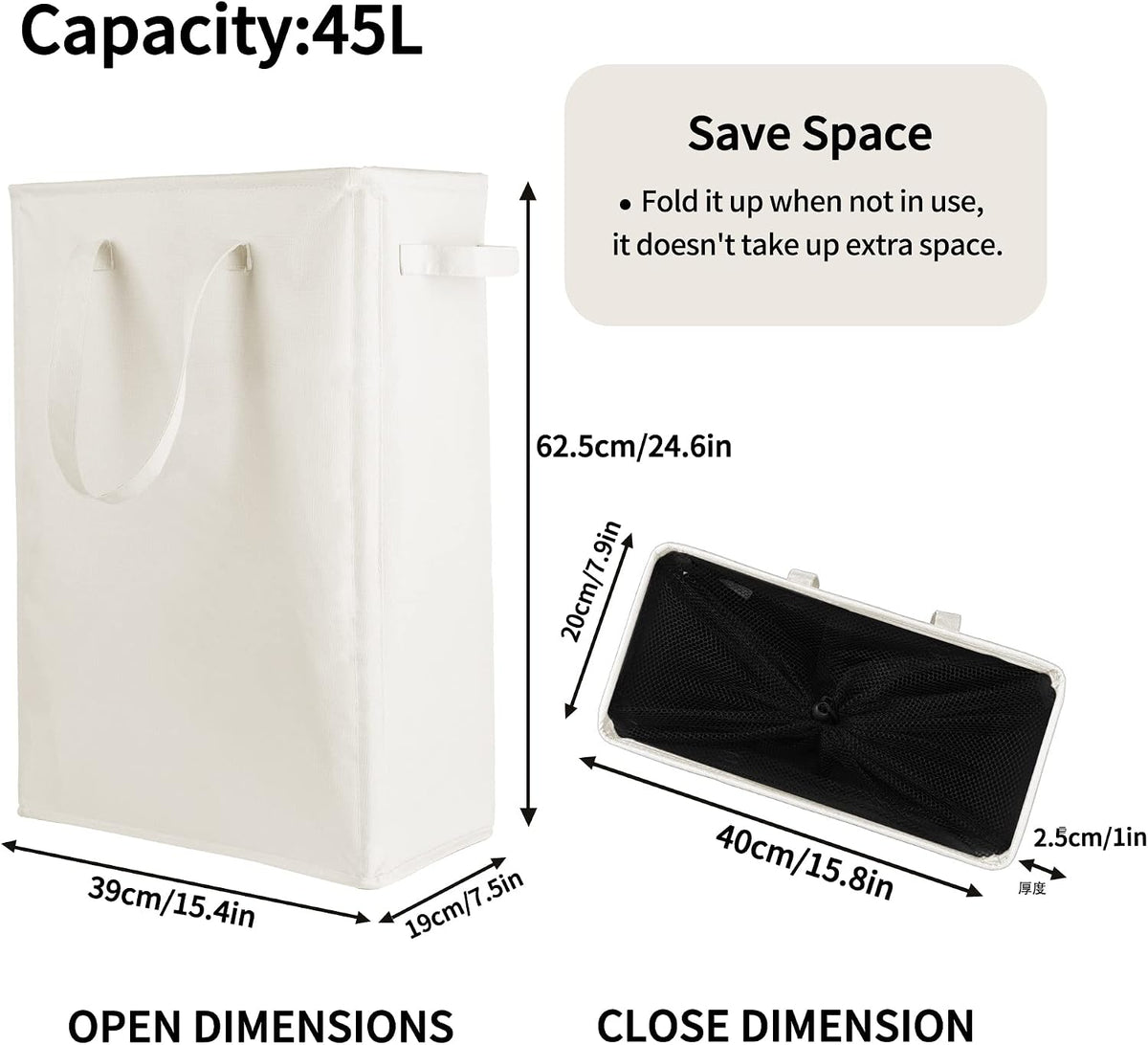 Slim Laundry Hamper Handles Collapsible Laundry Basket Thin Dirty Clothes Basket Narrow Laundry Bag Foldable Dirty Hamper 45L (Beige)