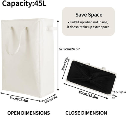 Slim Laundry Hamper Handles Collapsible Laundry Basket Thin Dirty Clothes Basket Narrow Laundry Bag Foldable Dirty Hamper 45L (Beige)