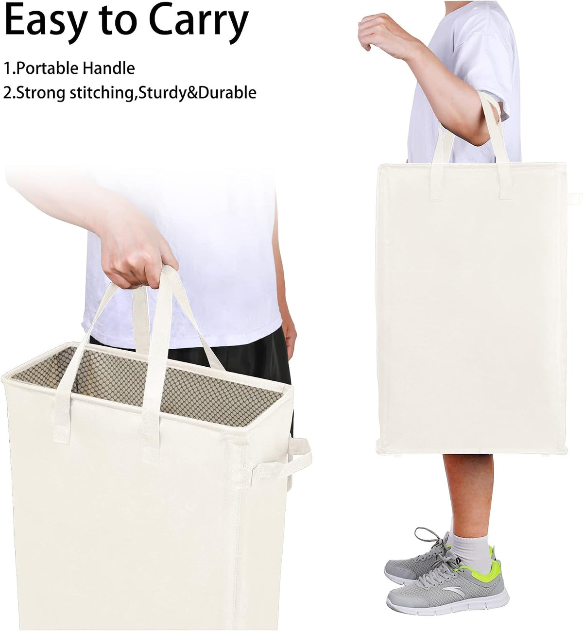 Slim Laundry Hamper Handles Collapsible Laundry Basket Thin Dirty Clothes Basket Narrow Laundry Bag Foldable Dirty Hamper 45L (Beige)