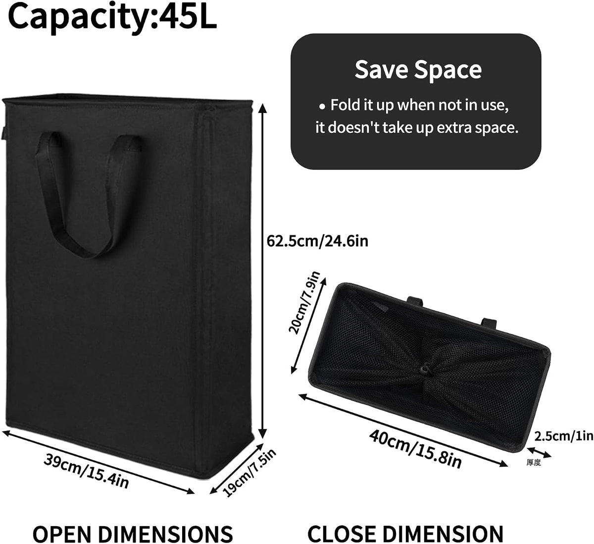 Slim Laundry Hamper Handles Collapsible Laundry Basket Thin Dirty Clothes Basket Narrow Laundry Bag Foldable Dirty Hamper 45L (Beige)