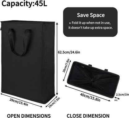 Slim Laundry Hamper Handles Collapsible Laundry Basket Thin Dirty Clothes Basket Narrow Laundry Bag Foldable Dirty Hamper 45L (Beige)