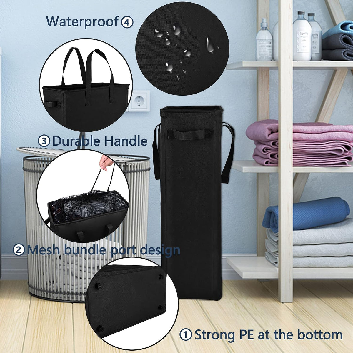 Slim Laundry Hamper Handles Collapsible Laundry Basket Thin Dirty Clothes Basket Narrow Laundry Bag Foldable Dirty Hamper 45L (Beige)