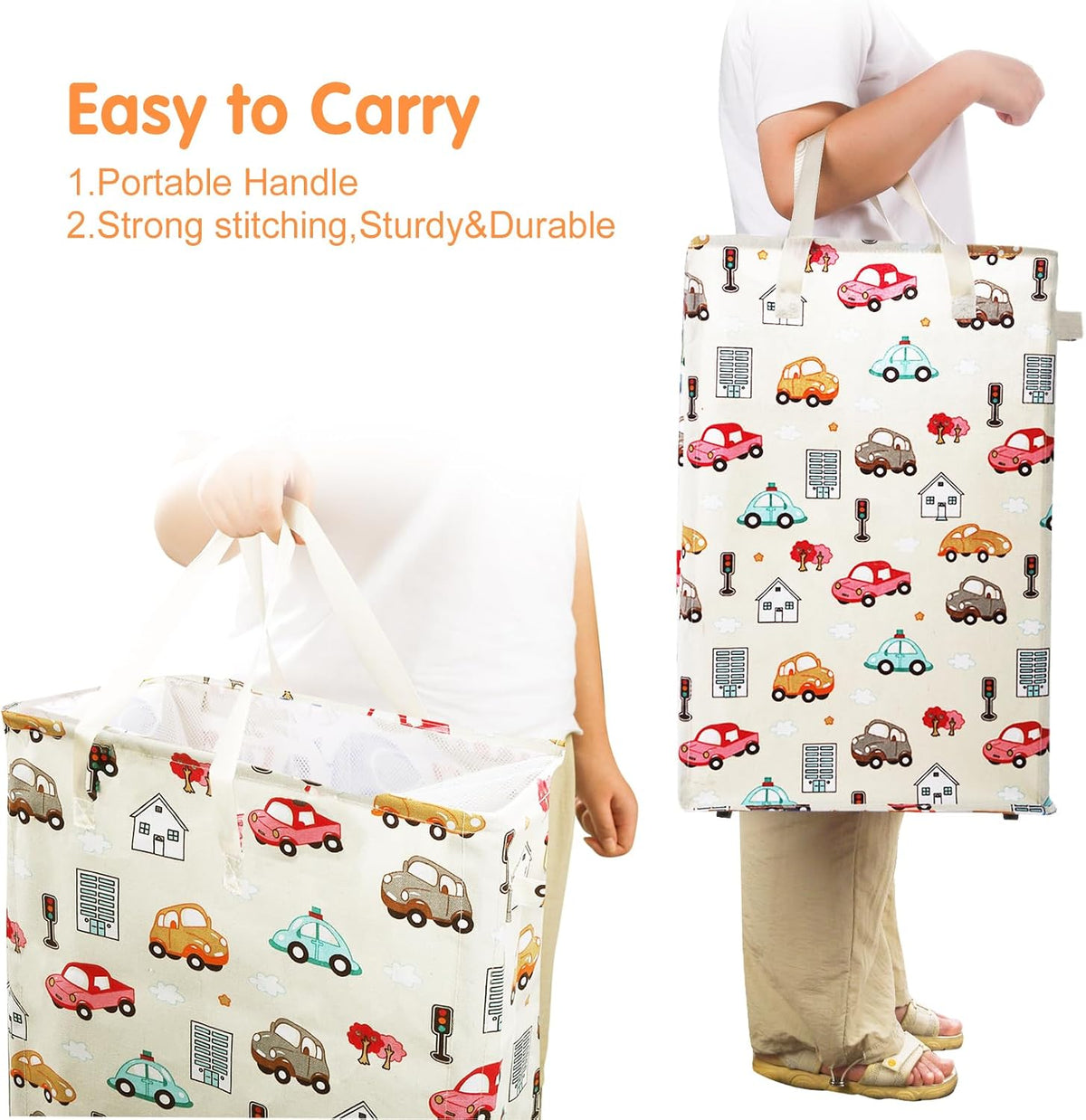 Slim Laundry Hamper Handles Collapsible Laundry Basket Thin Dirty Clothes Basket Narrow Laundry Bag Foldable Dirty Hamper 45L (Beige)
