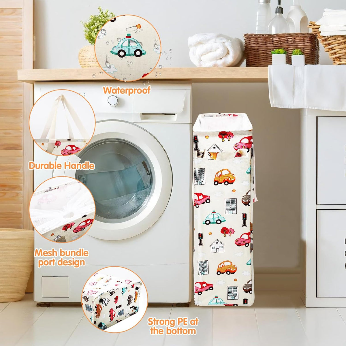 Slim Laundry Hamper Handles Collapsible Laundry Basket Thin Dirty Clothes Basket Narrow Laundry Bag Foldable Dirty Hamper 45L (Beige)