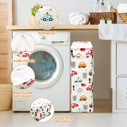 Slim Laundry Hamper Handles Collapsible Laundry Basket Thin Dirty Clothes Basket Narrow Laundry Bag Foldable Dirty Hamper 45L (Beige)