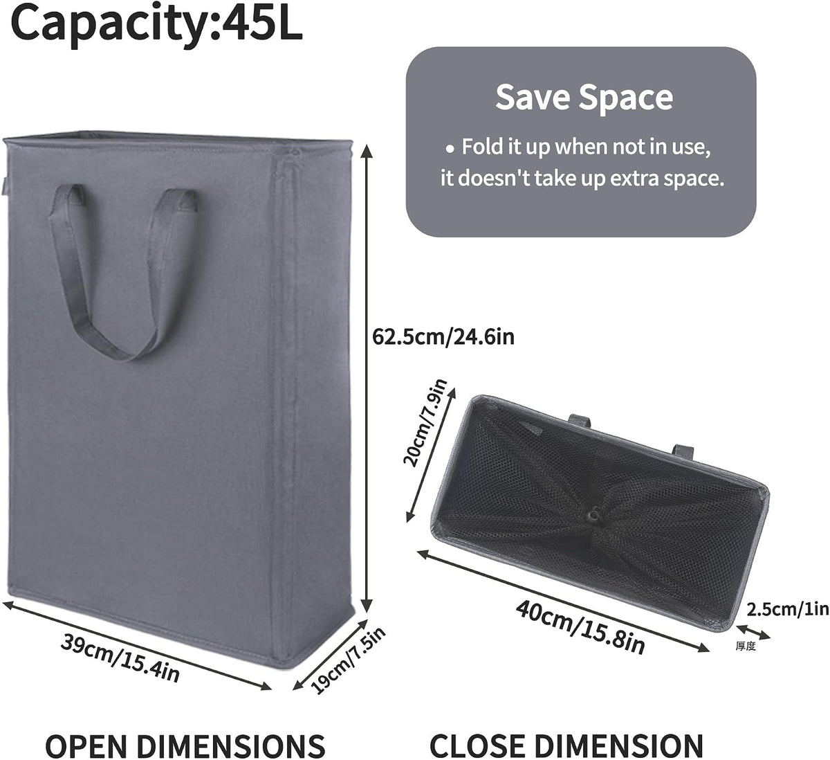 Slim Laundry Hamper Handles Collapsible Laundry Basket Thin Dirty Clothes Basket Narrow Laundry Bag Foldable Dirty Hamper 45L (Beige)
