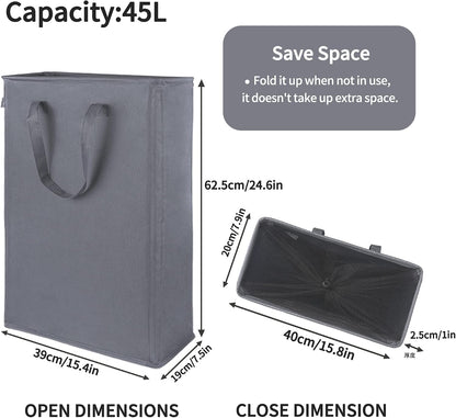 Slim Laundry Hamper Handles Collapsible Laundry Basket Thin Dirty Clothes Basket Narrow Laundry Bag Foldable Dirty Hamper 45L (Beige)