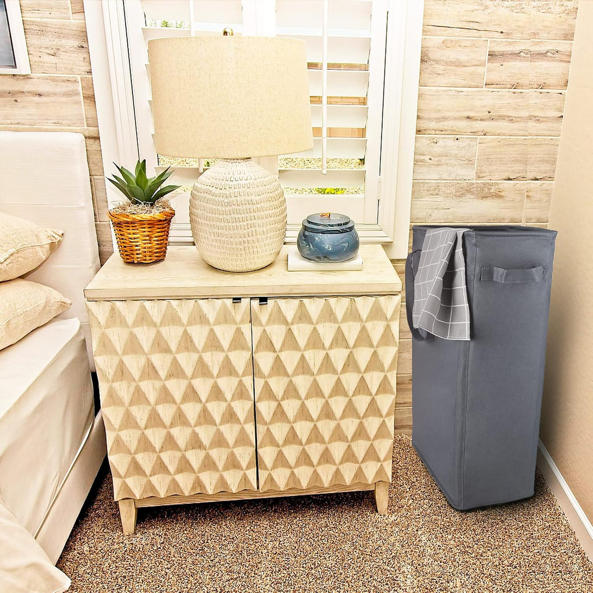 Slim Laundry Hamper Handles Collapsible Laundry Basket Thin Dirty Clothes Basket Narrow Laundry Bag Foldable Dirty Hamper 45L (Beige)