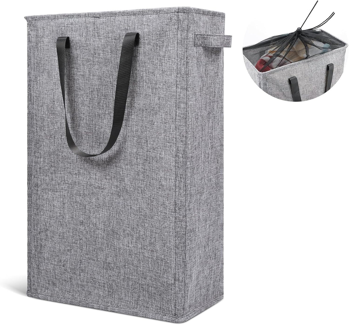 Slim Laundry Hamper Handles Collapsible Laundry Basket Thin Dirty Clothes Basket Narrow Laundry Bag Foldable Dirty Hamper 45L (Beige)