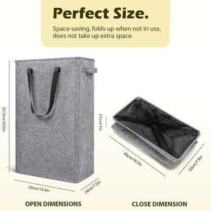 Slim Laundry Hamper Handles Collapsible Laundry Basket Thin Dirty Clothes Basket Narrow Laundry Bag Foldable Dirty Hamper 45L (Beige)