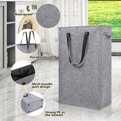 Slim Laundry Hamper Handles Collapsible Laundry Basket Thin Dirty Clothes Basket Narrow Laundry Bag Foldable Dirty Hamper 45L (Beige)