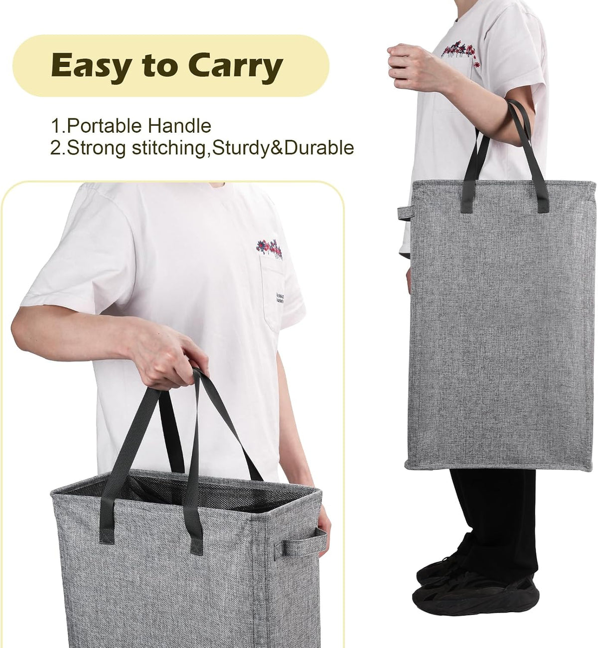 Slim Laundry Hamper Handles Collapsible Laundry Basket Thin Dirty Clothes Basket Narrow Laundry Bag Foldable Dirty Hamper 45L (Beige)