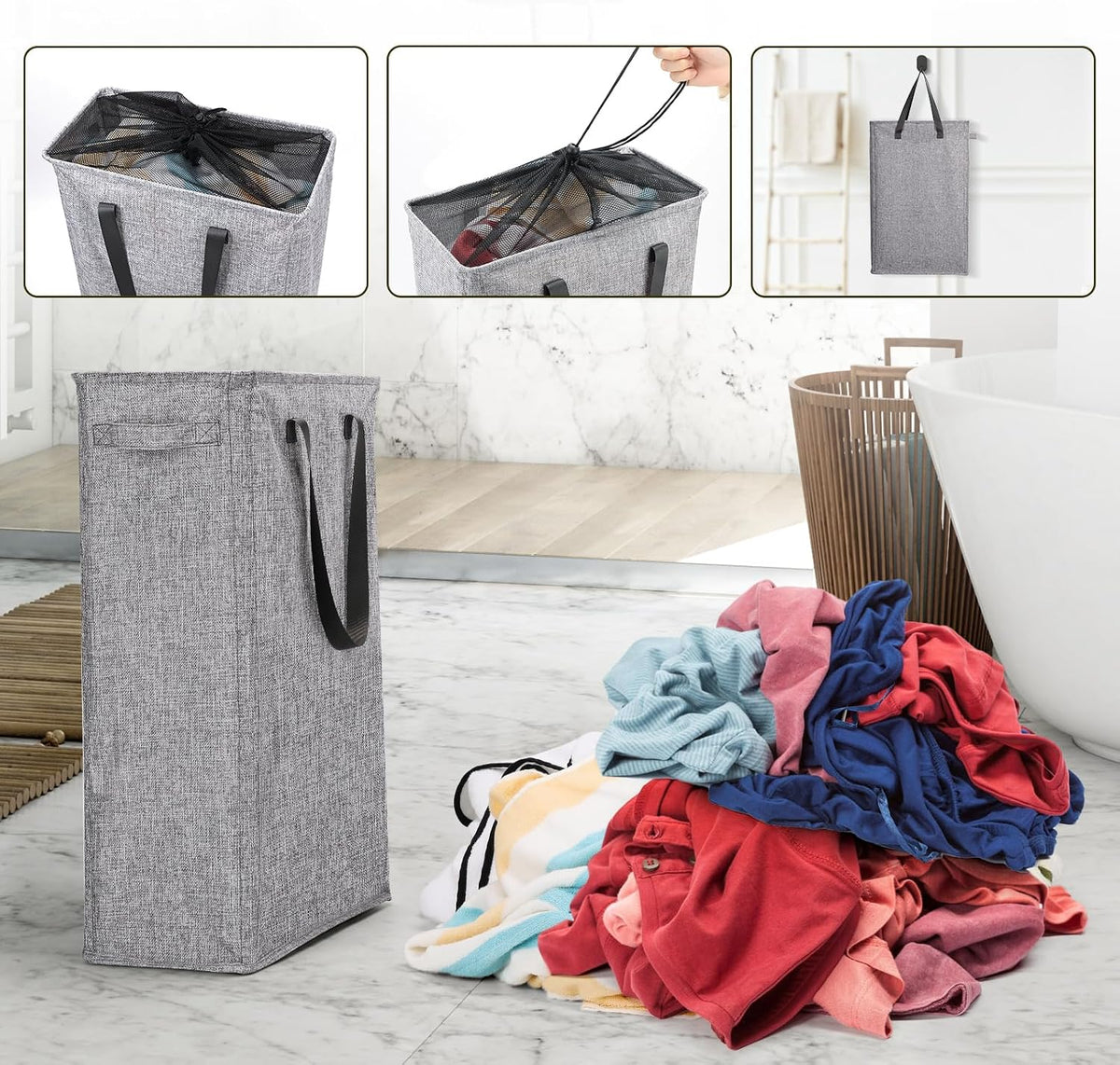 Slim Laundry Hamper Handles Collapsible Laundry Basket Thin Dirty Clothes Basket Narrow Laundry Bag Foldable Dirty Hamper 45L (Beige)