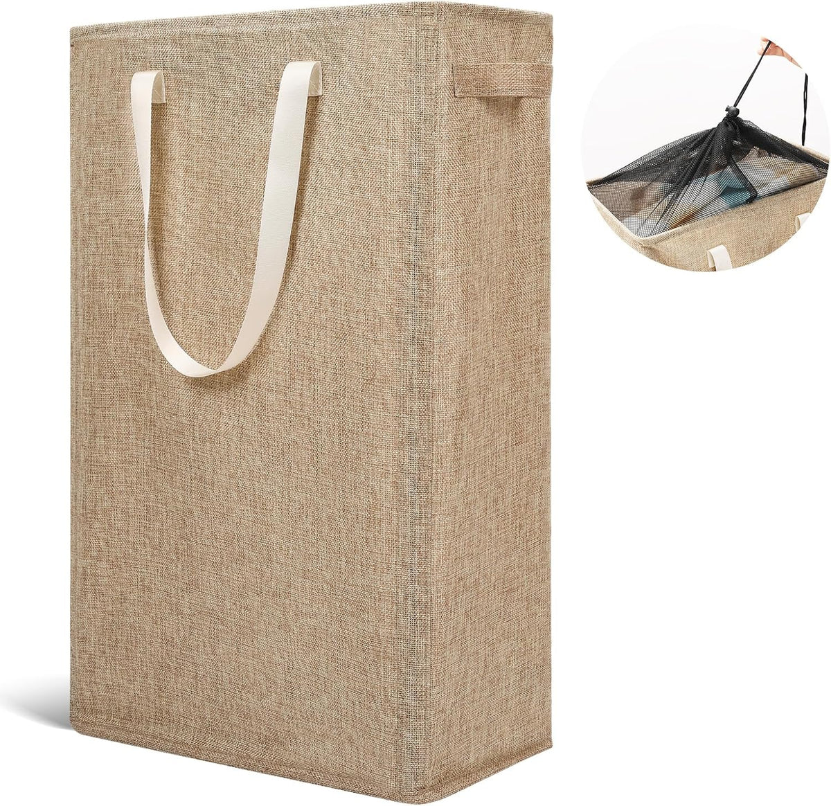 Slim Laundry Hamper Handles Collapsible Laundry Basket Thin Dirty Clothes Basket Narrow Laundry Bag Foldable Dirty Hamper 45L (Beige)