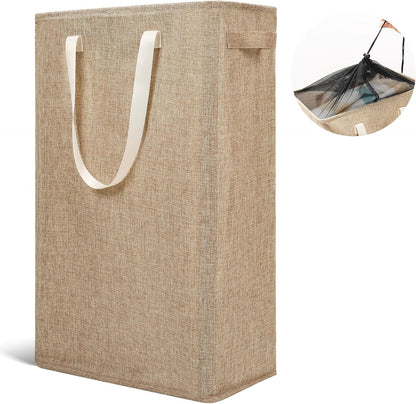 Slim Laundry Hamper Handles Collapsible Laundry Basket Thin Dirty Clothes Basket Narrow Laundry Bag Foldable Dirty Hamper 45L (Beige)